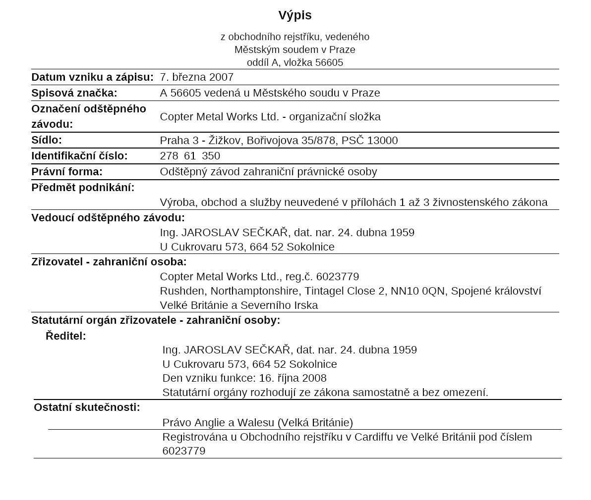 výpis zaniklé organizační složky Copter Metal Works Ltd